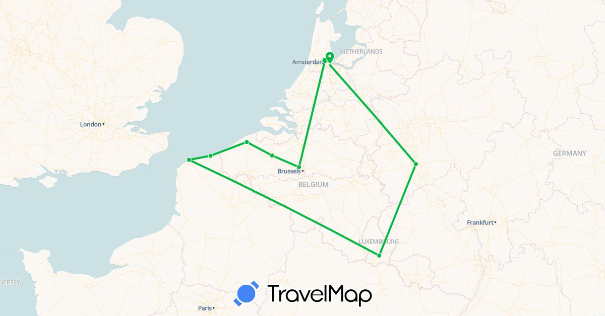 TravelMap itinerary: driving, bus in Belgium, Germany, France, Luxembourg, Netherlands (Europe)